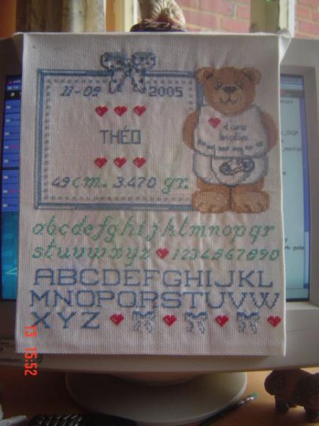 tableau de naissance de mon petit fils :) :) :) :)premiere grande broderie que j'ai faite